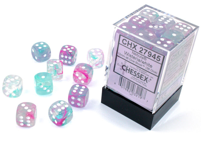 Chessex (27845) Nebula Wisteria/white Luminary 12mm d6 Dice Block (36 dice)