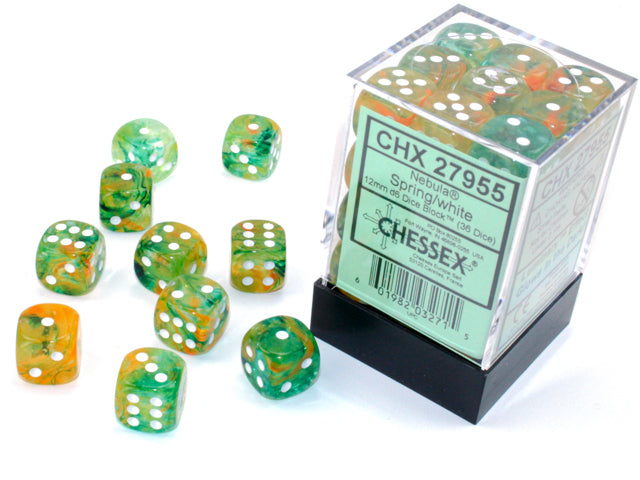 Chessex (27855) Nebula Spring/white Luminary 12mm d6 Dice Block (36 dice)