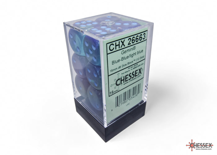 Chessex (26663) Gemini Blue-Blue/light blue 16mm d6 Dice Block (12 Dice)