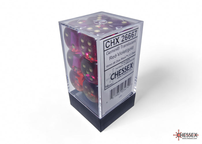 Chessex (26667) Gemini Translucent Red-Violet/gold 16mm d6 Dice Block (12 dice)