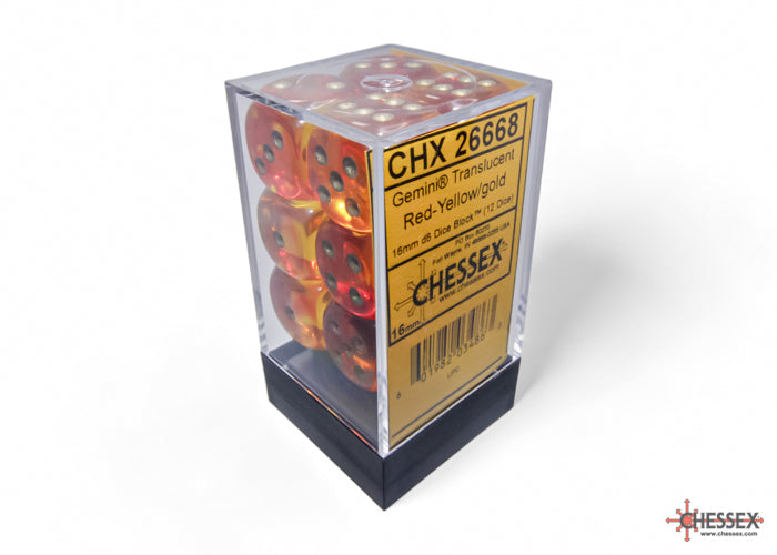 Chessex (26668) Gemini Translucent Red-Yellow/gold 16mm d6 Dice Block (12 dice)