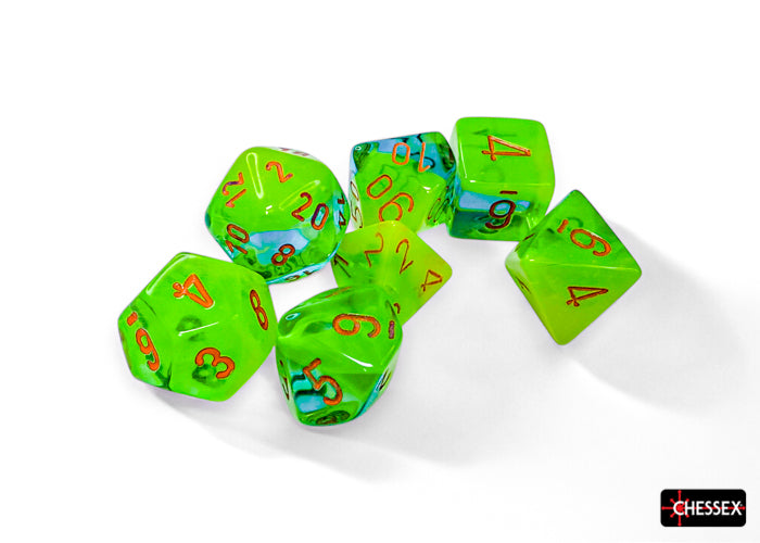 Chessex (26470) Gemini Plasma Green-Teal/orange Luminary Polyhedral 7-Dice Set