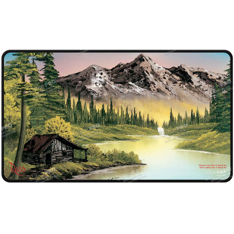 Bob Ross Mountain Retreat Black Stitched Playmat Standard Gaming Playmat for Magic: The Gathering