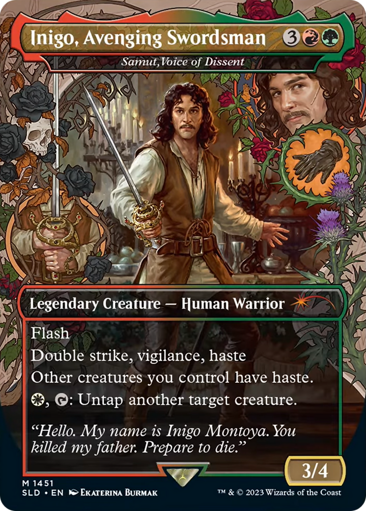 Inigo, Avenging Swordsman - Samut, Voice of Dissent (Borderless) [Secret Lair Drop] / Inigo, Avenging Swordsman