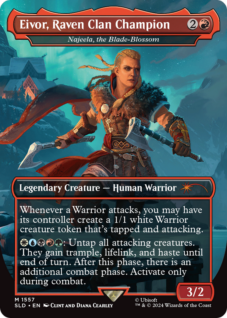 Eivor, Raven Clan Champion - Najeela, the Blade-Blossom (Borderless) [Secret Lair Drop] / Eivor, Raven Clan Champion