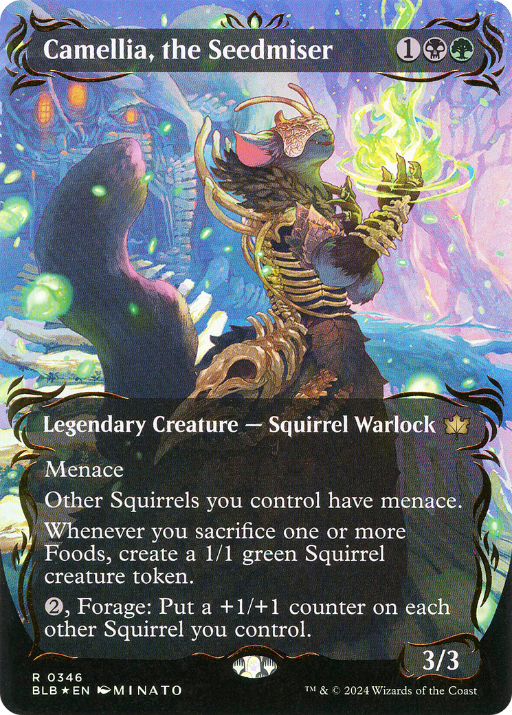 Camellia, the Seedmiser (Borderless) (Raised Foil) - Bloomburrow: (Showcase) Foil