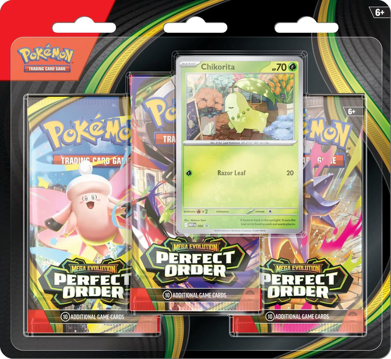 Mega Evolution: Perfect Order - 3 Pack Blister (Chikorita) Mega Evolution: Perfect Order - 3 Pack Blister (Chikorita)