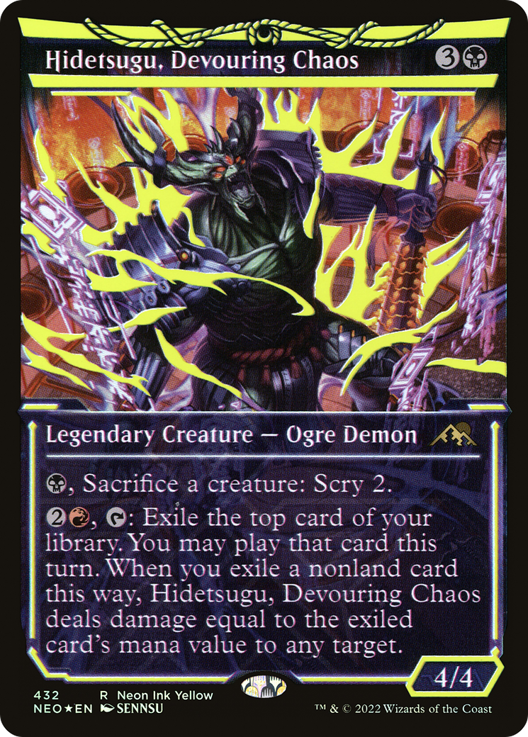 Hidetsugu, Devouring Chaos (Neon Yellow) (WPN Exclusive): (Showcase) [Kamigawa: Neon Dynasty] Foil