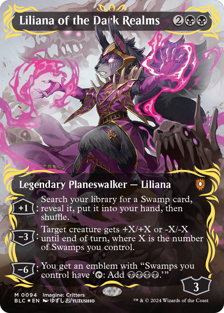 Liliana of the Dark Realms (Borderless) (Raised Foil) [Bloomburrow Com Liliana of the Dark Realms (Borderless) (Raised Foil) [Bloomburrow Com
