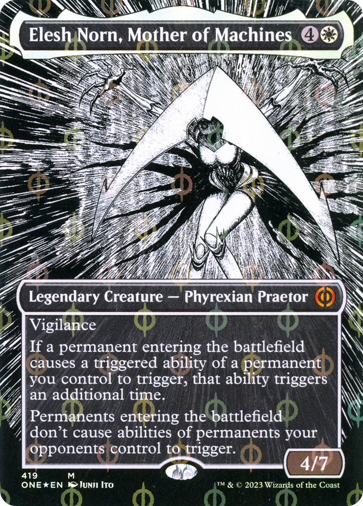 Elesh Norn, Mother of Machines (Borderless) (Step-and-Compleat Foil): (Showcase) [Phyrexia: All Will Be One] Foil