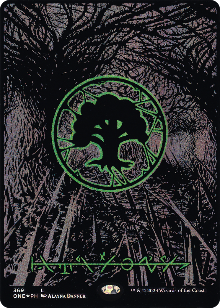 Forest (Phyrexian) - Full Art (Oil Slick Raised Foil) - [Phyrexia: All Will Be One] (Borderless) Foil