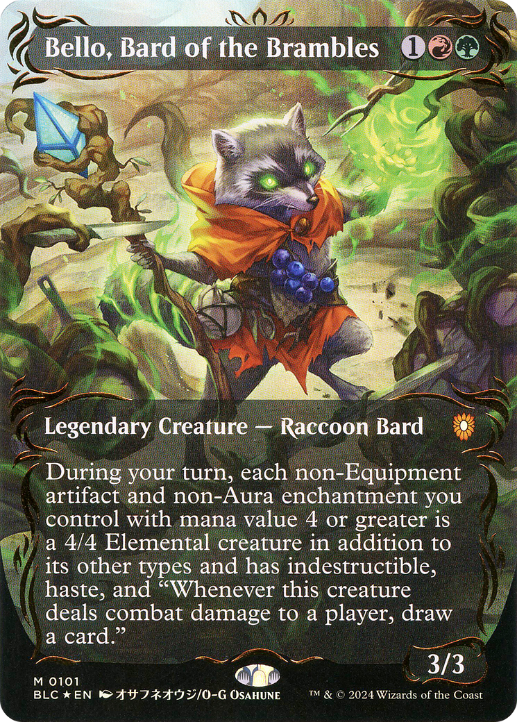 Bello, Bard of the Brambles (Borderless) (Raised Foil) - Bloomburrow Commander Foil