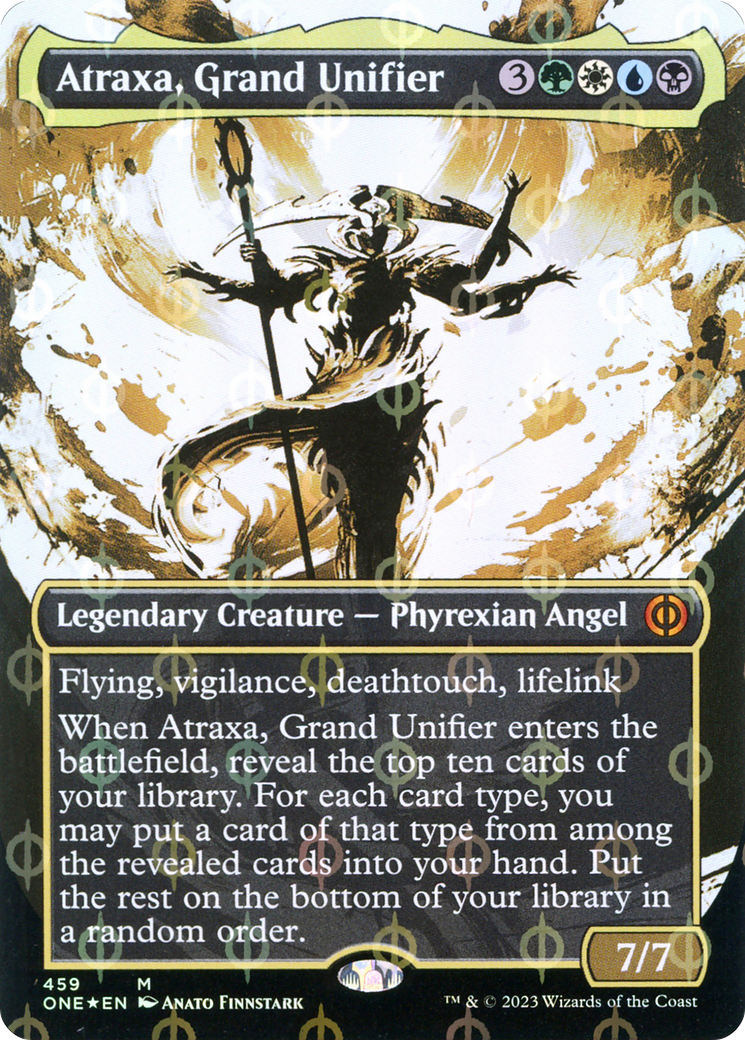 Atraxa, Grand Unifier (Showcase) (Step-and-Compleat Foil) - Phyrexia: All Will Be One: (Showcase) (Borderless) Foil