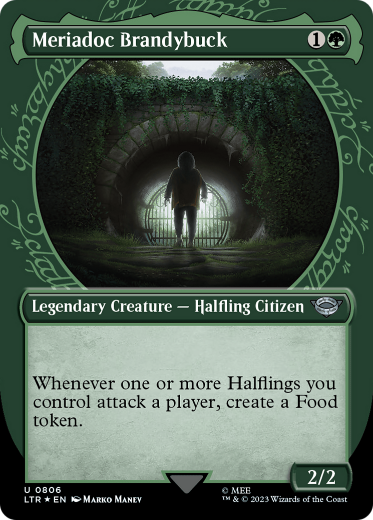 Meriadoc Brandybuck (Showcase) (Surge Foil) - [The Lord of the Rings: Tales of Middle-earth]: (Showcase) (Borderless) Foil