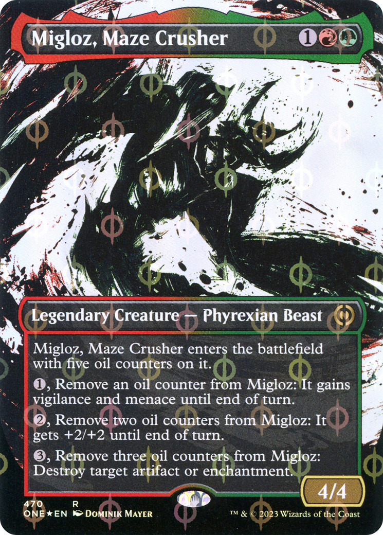 Migloz, Maze Crusher (Showcase) (Step-and-Compleat Foil) - [Phyrexia: All Will Be One]: (Showcase) (Borderless) Foil