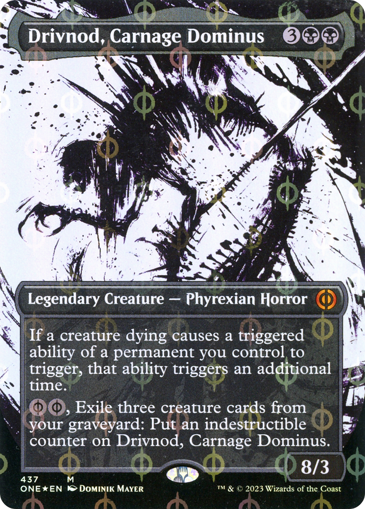 Drivnod, Carnage Dominus (Showcase) (Step-and-Compleat Foil): (Showcase) (Borderless) [Phyrexia: All Will Be One] Foil