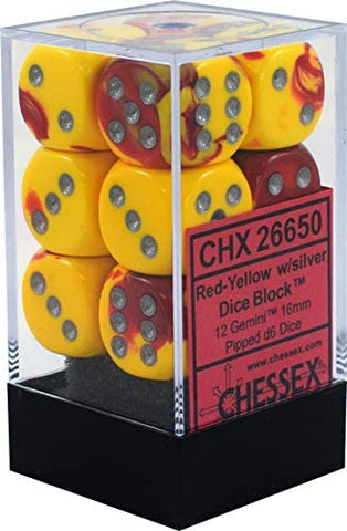 Chessex D&D Dice-16mm Gemini Red-Yellow/Silver Plastic Polyhedral Dice Set (26650)