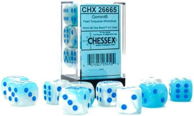 Chessex D&D Dice-16mm Gemini Pearl Turquoise-White/Blue Plastic Polyhedral Dice Set (26665)