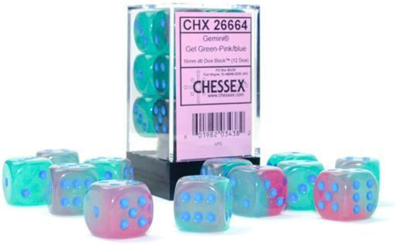 Chessex (26664) Gemini Gel Green-Pink/blue 16mm d6 Dice Block (12 Dice)