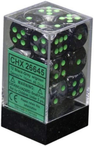 Chessex D&D Dice-16mm Gemini Black-Grey/Green Plastic Polyhedral Dice Set (26645)