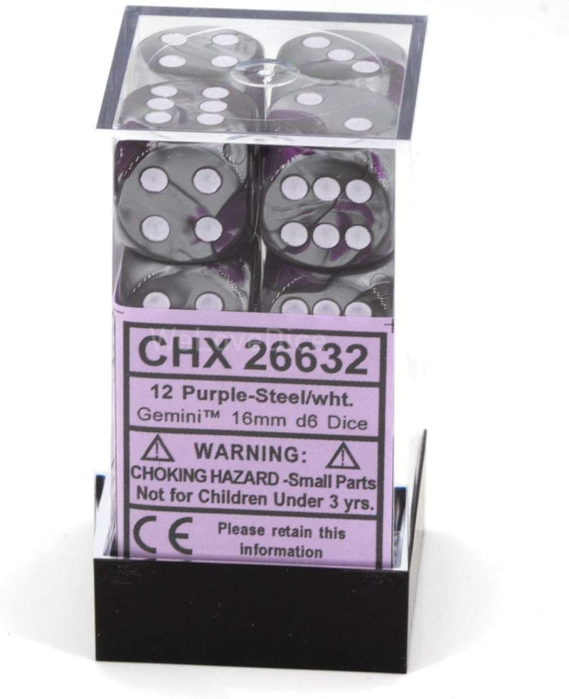Chessex D&D Dice-16mm Gemini Purple-Steel/White Plastic Polyhedral Dice Set (26632)