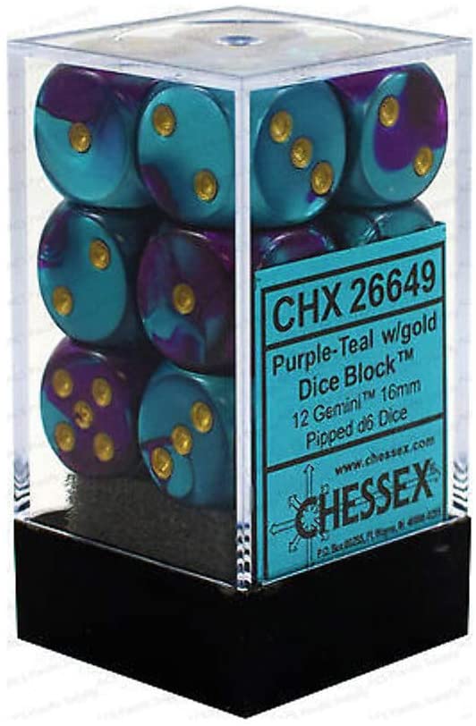 Chessex D&D Dice-16mm Gemini Purple-Teal/Gold Plastic Polyhedral Dice Set (26649)