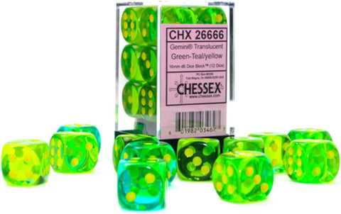 Chessex 16mm Gemini Translucent Green-Teal/Yellow Plastic Polyhedral Dice Set (26666)