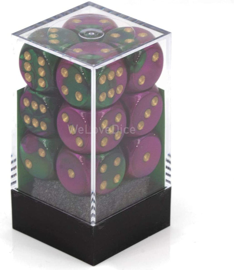 Chessex (26634) Gemini Green-Purple/gold 16mm d6 Dice Block (12 Dice)