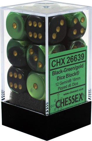 Chessex D&D Dice-16mm Gemini Black-Green/Gold Plastic Polyhedral Dice Set (26639)