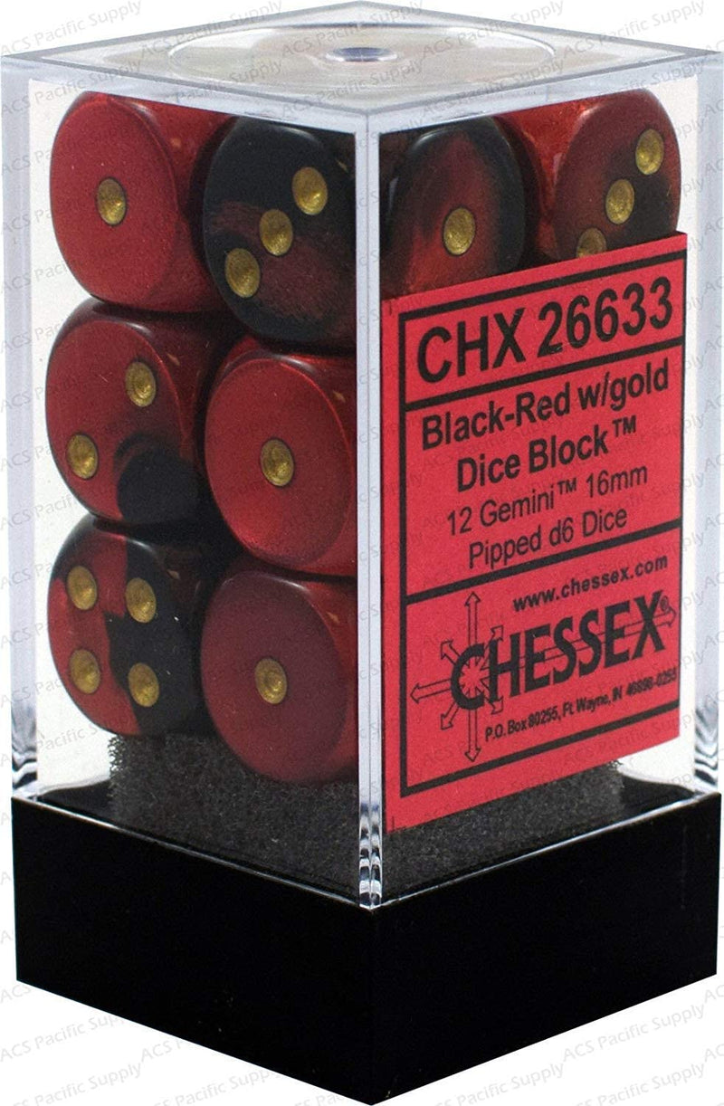 Chessex (26633) Gemini Black-Red/gold  16mm d6 Dice Block (12 Dice)
