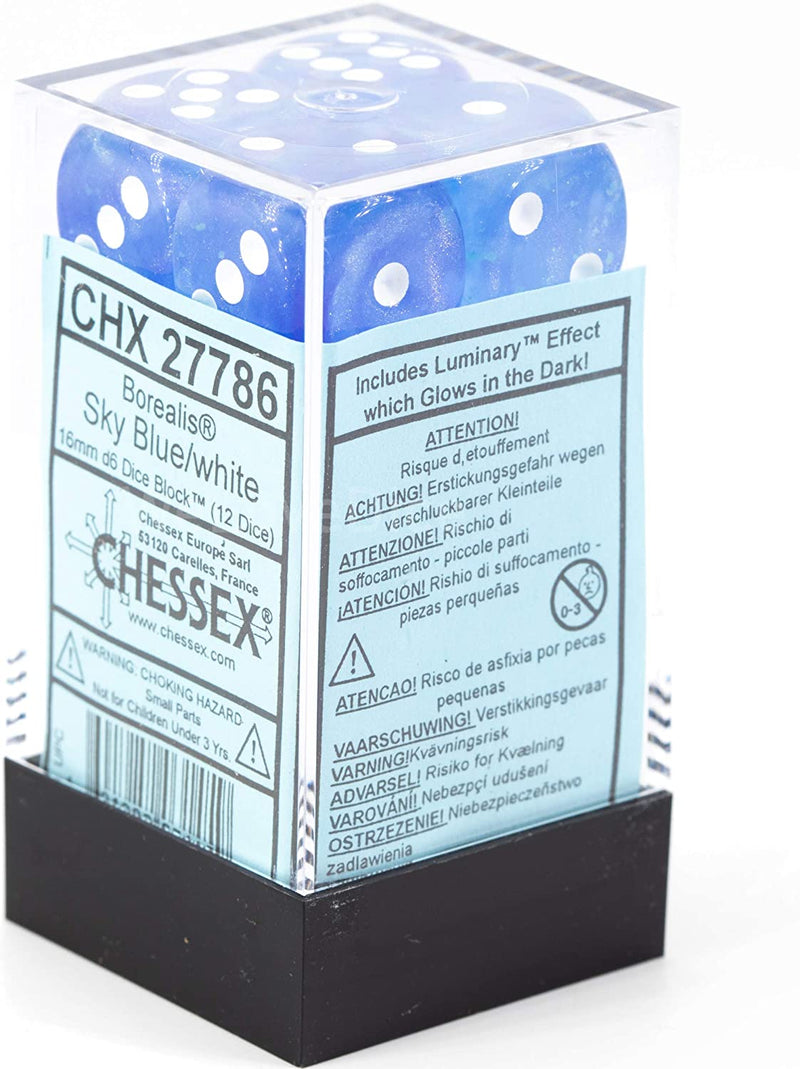 Chessex 16mm Borealis Sky Blue/White Plastic (Glows in the Dark) Dice Set (27786)