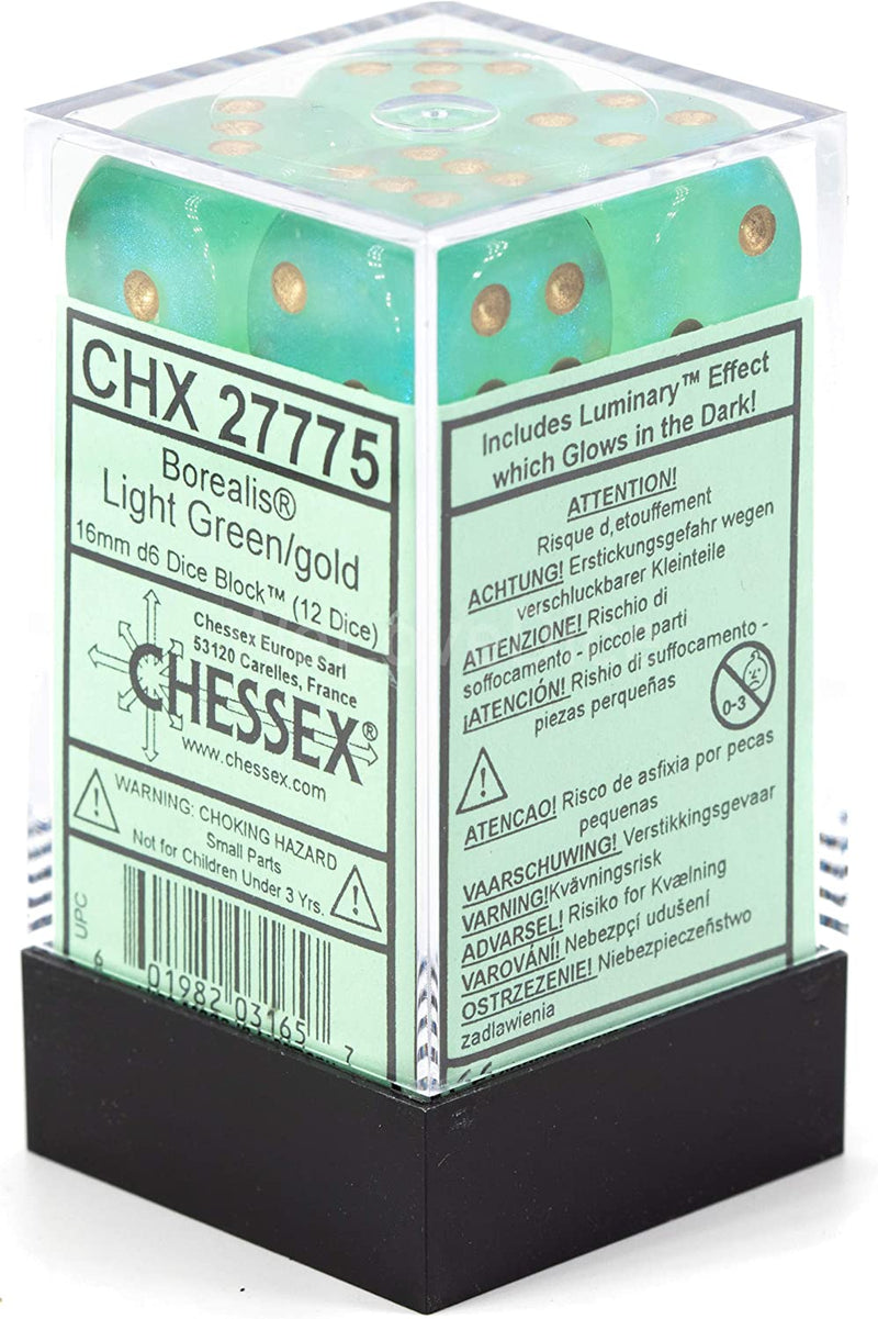 Chessex 16mm Borealis Light Green/Gold Plastic (Glows in the Dark) Dice Set (27775)