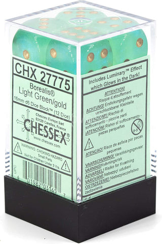 Chessex 16mm Borealis Light Green/Gold Plastic (Glows in the Dark) Dice Set (27775)