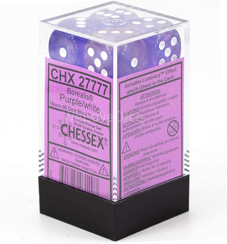 Chessex 16mm Borealis Purple/White Plastic (Glows in the Dark) Dice Set (27777)