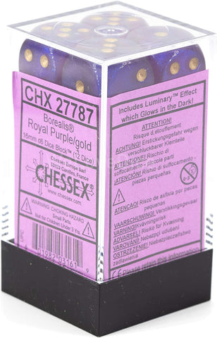 Chessex 16mm Borealis Royal Purple/Gold Plastic (Glows in the Dark) Dice Set (27787)