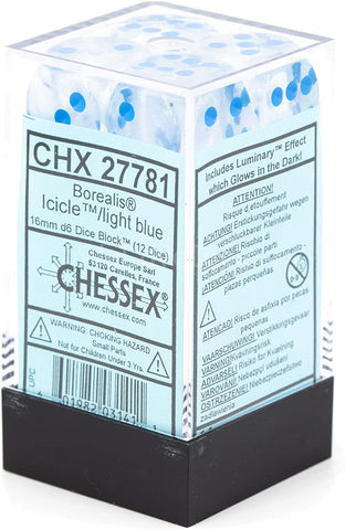 Chessex 16mm Borealis Icicle™/Light Blue Plastic (Glows in the Dark) Dice Set (27781)
