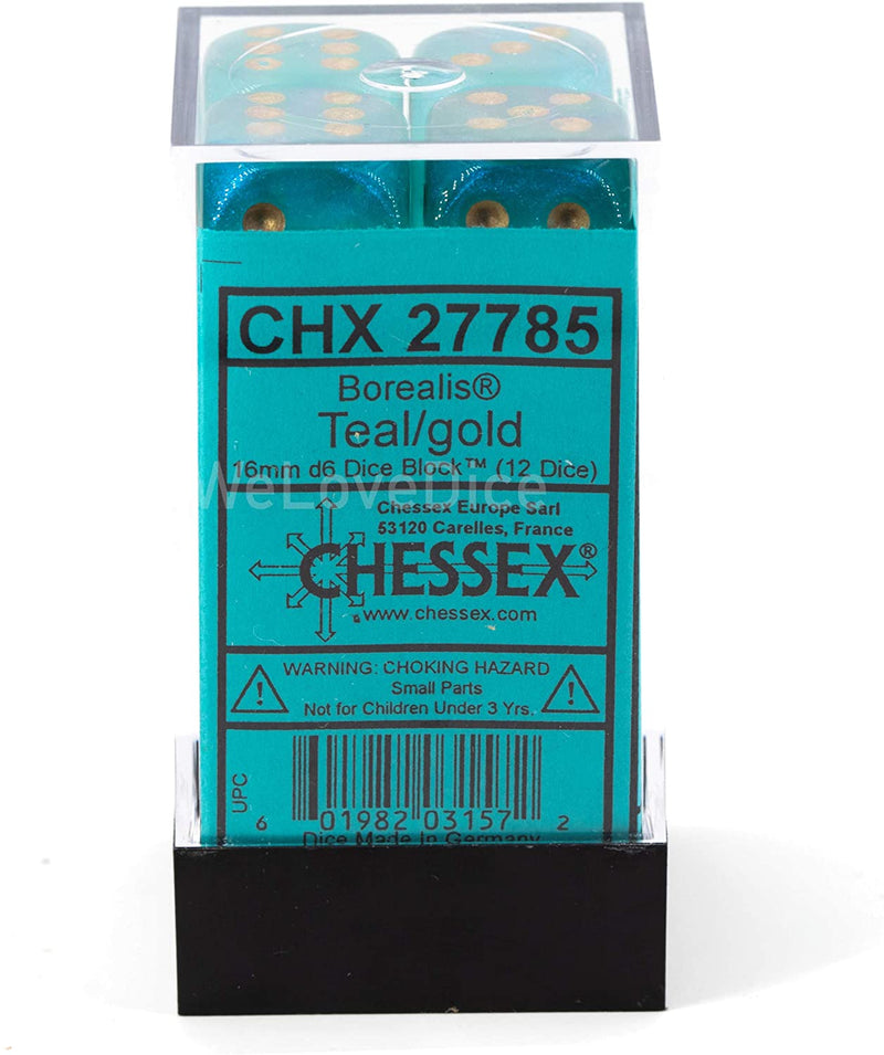 Chessex 16mm Borealis Teal/Gold Plastic (Glows in the Dark) Dice Set (27785)