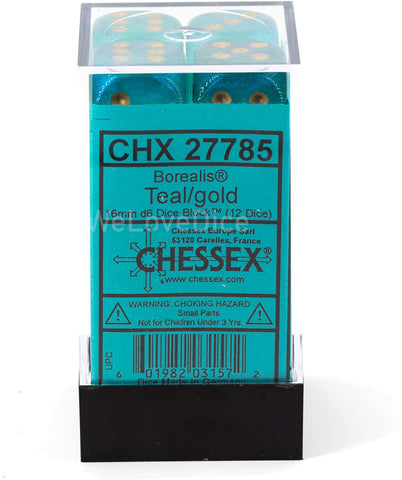 Chessex 16mm Borealis Teal/Gold Plastic (Glows in the Dark) Dice Set (27785)