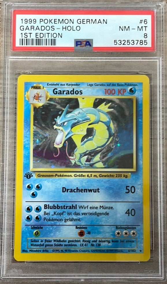 PSA 8 NM - MT - Gyarados 6/102 1st Edition German (Garados) Base Set P PSA 8 NM - MT - Gyarados 6/102 1st Edition German (Garados) Base Set P