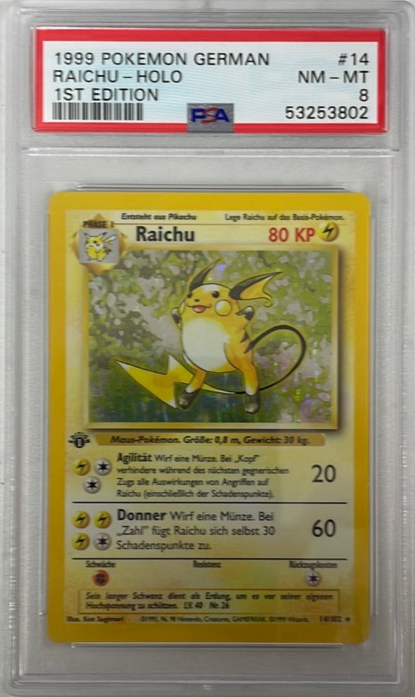 PSA 8 NM - MT - Raichu 14/102 1st Edition German Base Set Pokemon Holo PSA 8 NM - MT - Raichu 14/102 1st Edition German Base Set Pokemon Holo