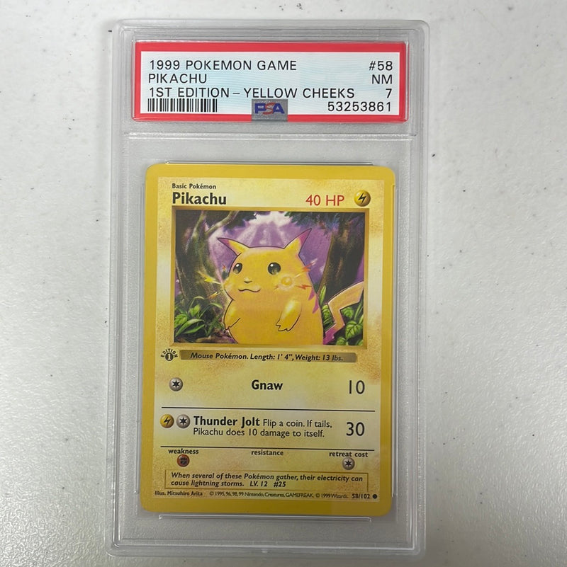PSA 7 NM - MT - Pikachu 58/102 Yellow Cheeks 1st Edition Base Set Shadowless Pokemon