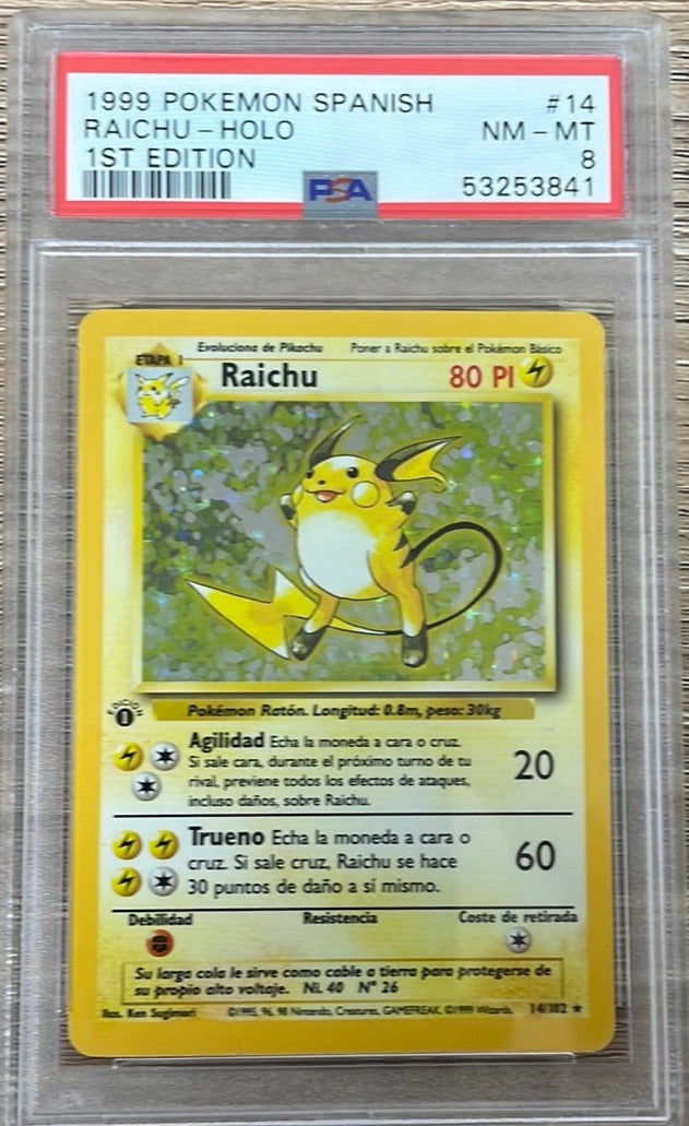 PSA 8 NM - MT - Raichu 14/102 1st Edition Spanish Base Set Holo Pokemon