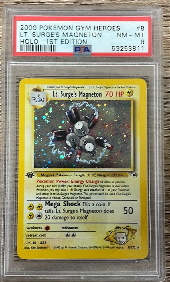 PSA 8 NM - MT - Lt. Surge's Magneton 8/132 1st Edition Gym Heroes Holo PSA 8 NM - MT - Lt. Surge's Magneton 8/132 1st Edition Gym Heroes Holo