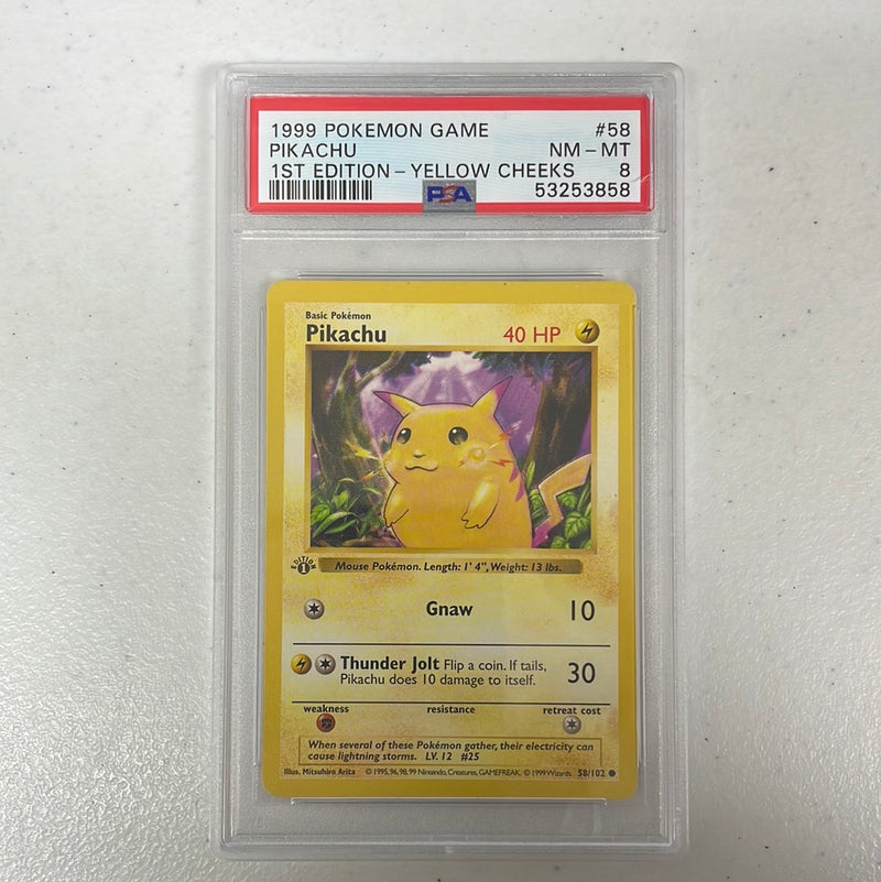 PSA 8 NM - MT - Pikachu 58/102 Yellow Cheeks 1st Edition Base Set Shadowless Pokemon