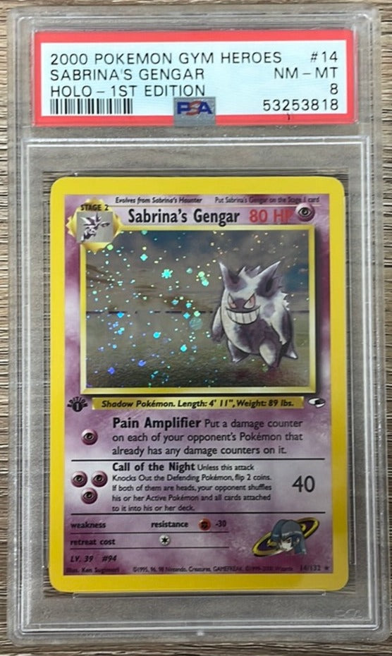 PSA 8 NM - MT - Sabrinas Gengar 14/132 1st Edition w/ Swirl Gym Heroes Holo Pokemon PSA 8 NM - MT - Sabrinas Gengar 14/132 1st Edition w/ Swirl Gym Heroes Holo Pokemon