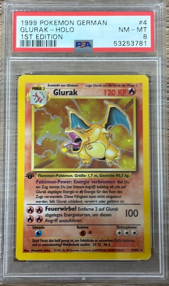 PSA 8 NM - MT - Charizard 4/102 1st Edition German (Glurak) Base Set Pokemon Holo PSA 8 NM - MT - Charizard 4/102 1st Edition German (Glurak) Base Set Pokemon Holo