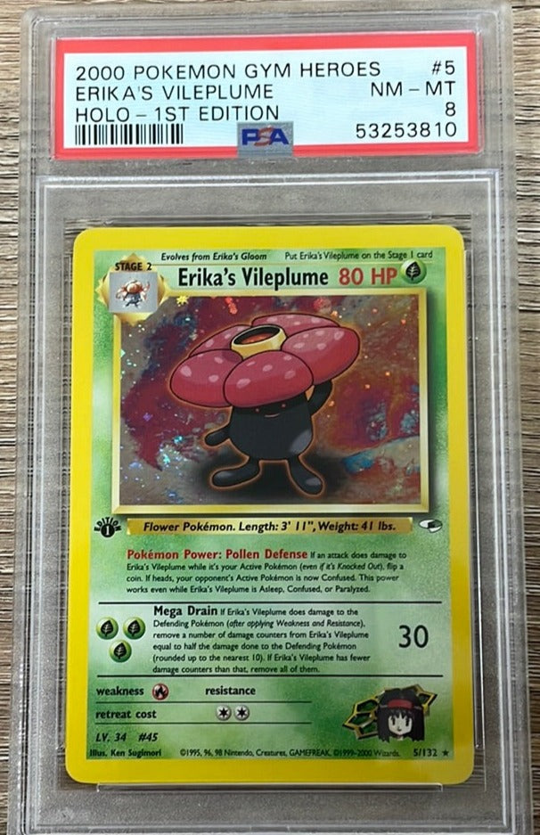 PSA 8 NM - MT - Erika's Vileplume 5/132 1st Edition Gym Heroes Holo Po PSA 8 NM - MT - Erika's Vileplume 5/132 1st Edition Gym Heroes Holo Po