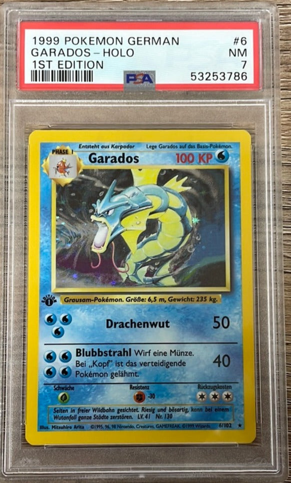 PSA 7 NM - Gyarados 6/102 1st Edition German (Garados) Base Set Pokemo PSA 7 NM - Gyarados 6/102 1st Edition German (Garados) Base Set Pokemo