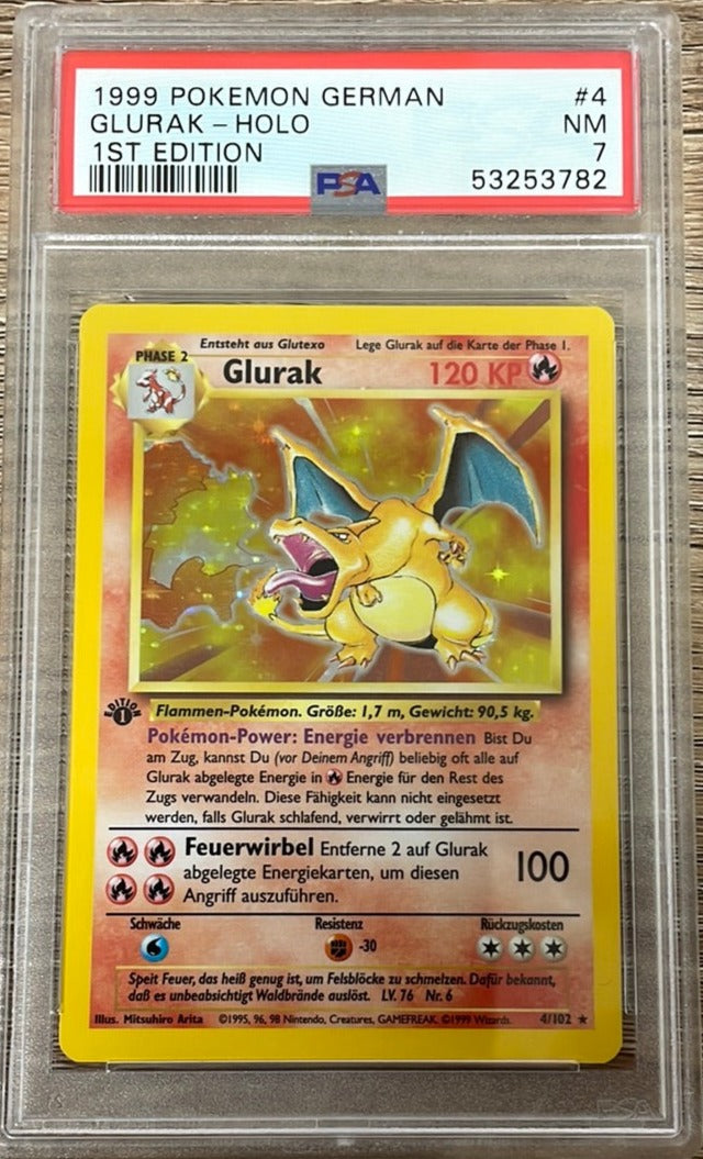 PSA 7 NM - Charizard 4/102 1st Edition German (Glurak) Base Set Pokemo PSA 7 NM - Charizard 4/102 1st Edition German (Glurak) Base Set Pokemo
