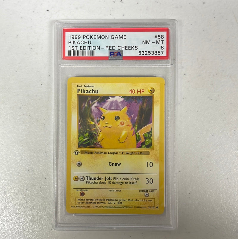 PSA 8 NM - MT - Pikachu 58/102 Red Cheeks 1st Edition Base Set Shadowless Pokemon